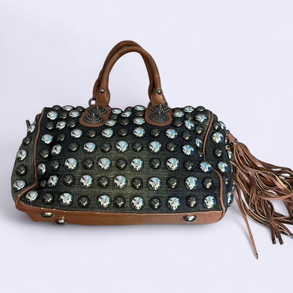 Studded Denim and brown tassel shoulder bag tote - Picture 2 of 8